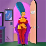  big_breasts blue_hair bra erect_nipples_under_clothes huge_breasts marge_simpson mluv_(artist) panties pearls red_lingerie robe seductive seductive_look seductive_pose sexy stockings the_simpsons thick_hips thick_thighs thighs yellow_skin 