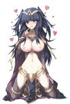  1girl bad_id bad_pixiv_id black_hair blush breasts breasts_outside bridal_gauntlets cape echizen_(hvcv) fire_emblem fire_emblem_awakening groin heart highres jewelry kneeling large_breasts loincloth long_hair navel nipples pelvic_curtain purple_eyes ring simple_background solo tharja_(fire_emblem) thighhighs two_side_up white_background 