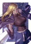  1girl abs big_breasts blonde_hair blue_eyes breasts clothed_female female_focus female_only fullmetal_alchemist long_hair looking_at_viewer mature mature_female olivier_mira_armstrong phoebus_art snowing solo_female solo_focus sword tagme weapon 