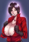 1girl ada_wong areola_slip areolae black_eyes black_hair blush breasts breath cleavage gloves huge_breasts lips nipples no_bra open_clothes pokemon popped_collar purple_background resident_evil resident_evil_6 sgk short_hair smile solo standing sweat unbuttoned undressing 