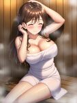  1girl alluring bare_shoulders big_breasts brown_hair cleavage closed_eyes female_only long_hair naked_towel sauna shmebulock36 smile thighs towel towel_only 