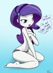 ! 1girl 2013 blue_eyes breasts cleavage clothed clothing covering dialog equestria_girls female female_only hair human my_little_pony panties purple_hair rarity rarity_(eg) solo text theoretical-chaos topless underwear
