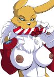  1girl 1girl 2016 anthro breasts christmas claws clothing digimon dildo elbow_gloves fur furry gloves holidays looking_at_viewer nipples renamon ribbons sex_toy simple_background white_background yawg yellow_fur 