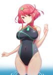 1girl blush breasts competition_swimsuit covered_navel earrings hair_ornament jewelry large_breasts looking_at_viewer one-piece_swimsuit parted_lips pyra red_eyes red_hair short_hair sidelocks simple_background smile swimsuit thighs xenoblade xenoblade_(series) xenoblade_chronicles_2