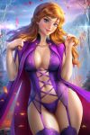  1girl alluring anna_(frozen) ayyasap big_breasts blue_eyes bustier cape cleavage disney female_only frozen_(movie) g-string garter_straps large_ass lingerie long_hair purple_lingerie purple_panties purple_stockings red_hair redhead silf slim_waist stockings thick_thighs wide_hips 
