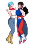  2_girls anime_milf bangs big_breasts big_breasts black_eyes black_hair blue_eyes blue_hair blush breast_press breast_squeeze breasts bulma_brief bulma_briefs_(super) chichi chichi_(classic) cleavage clothing dragon_ball dragon_ball_(classic) dragon_ball_super earrings fanbox_reward female_focus female_only fusion hazama_null high_res jeans mature mature_female midriff milf open_mouth pixiv_fanbox ponytail short_hair tagme teen teenage_girl time_paradox tongue 