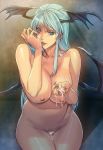  1girl aqua_hair areolae bat_wings blue_eyes breasts capcom cum cum_on_body cum_on_breasts cum_on_lower_body cum_on_upper_body demon_girl female fingernails green_hair head_wings highres homare_(fool's_art) large_breasts legs licking long_fingernails long_hair looking_at_viewer morrigan_aensland nail_polish naughty_face navel nipples nude simple_background sitting solo succubus thighs tongue tongue_out vampire_(game) wings 