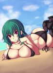  &gt;:d 1girl :d ass beach bikini blue_sky blush body_blush breast_press breast_rest breasts butt_crack cleavage cloud dimples_of_venus dutch_angle feet female green_hair grin huge_breasts jema kazami_yuuka large_breasts legs_up looking_at_viewer lying on_stomach open_mouth outdoors parted_lips red_eyes short_hair side-tie_bikini skindentation sky smile solo swimsuit thighhighs toes touhou undersized_clothes wide_hips youkai 