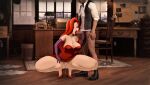  big_breasts cum_on_breasts erect_penis fellatio hair_over_one_eye jessica_rabbit no_panties pussy_juice_drip red_dress red_hair shaved_pussy squatting who_framed_roger_rabbit 