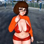  bra breasts erect_nipples_under_clothes flashing glasses ryu4life scooby-doo shorts sweater_lift thighs velma_dinkley 