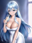 alluring big_breasts blue_eyes blue_hair champagne cleavage dress earrings long_hair looking_at_viewer shmebulock36 white_dress
