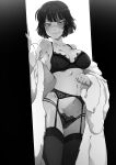  1girl big_breasts black_hair bob_cut breasts clothed_female female_focus female_only fubuki_(one-punch_man) fur_coat garter_belt garter_straps high_res jcm2 lingerie looking_at_viewer mature mature_female one-punch_man pov_eye_contact short_hair solo_female stockings tagme thin_female 