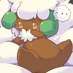  anus blush brown_eyes chest_tuft chubby crepix cub embarrassed female fluffy hair horn long_hair on_back pokemon pokã©mon presenting pussy solo spread_legs spreading whimsicott wool young 