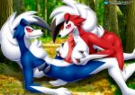 1boy 1girl bbmbbf blue_fur breasts female_pokemon looking_at_another lycanroc male_pokemon male_pokemon/female_pokemon midnight_lycanroc paizuri palcomix penis penis_between_breasts pokemon pokepornlive red_eyes red_fur white_fur 