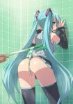 1girl against_wall anus aqua_eyes aqua_hair aqua_nails ass bare_shoulders cameltoe detached_sleeves erect_nipples female from_behind hatsune_miku hatsune_miku_(append) long_hair looking_back miku_append miku_hatsune nail_polish open_mouth panties pleated_skirt pussy pussy_juice skirt solo spring_onion striped striped_panties thighhighs twintails uncensored underwear upskirt very_long_hair vocaloid vocaloid_append wedgie yokaze_japan zettai_ryouiki