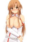  1girl areolae asuna_(sao) bare_shoulders belt blush breasts brown_eyes brown_hair cleavage detached_sleeves female huge_breasts large_breasts long_hair looking_at_viewer nipples simple_background solo standing sweat sword_art_online text translated wavy_mouth white_background zekkyon 