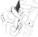  1boy 1girl armlet armor cosplay fingerless_gloves hand_on_head heroine imminent_fellatio kamen_rider male miscon monochrome nervous owlgirl_(miscon) penis penis_out size_difference sketch sweat testicle visor 