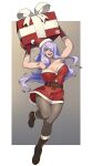  1girl absurd_res alluring alternate_costume big_breasts black_footwear black_pantyhose boots border bow box breasts camilla_(fire_emblem) christmas christmas_outfit cleavage collarbone commission dress female_only fire_emblem fire_emblem_fates full_body fur_trim gift gift_box hair_over_one_eye high_res holding holding_gift long_hair nintendo one_eye_covered open_clothes open_mouth pantyhose purple_eyes purple_hair red_dress red_headwear santa_dress smile snowcie strapless strapless_dress very_long_hair white_border white_bow wholesome 