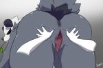  anthro anus artist_name ass ass_grab big_ass disembodied_hand female gaping gaping_pussy hands looking_at_viewer looking_back nintendo nude pangoro pokemon pussy slypon spread_pussy spreading text video_games 