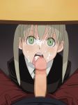  artist_request censored clothed_sex cum empty_eyes expressionless facial fellatio female green_eyes grey_hair hetero ice_place licking maka_albarn open_mouth oral penis short_hair soul_eater table tongue twintails under_desk under_table vest 
