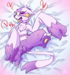 &lt;3 bed bedroom_eyes blush chest_tuft claws eyelashes female feral fur furniture gen_5_pokemon genitals ingi looking_at_viewer lying mienshao narrowed_eyes nintendo on_back on_bed open_mouth pokemon pokemon_(species) porkyman purple_body purple_fur pussy red_eyes seductive semi-anthro smile solo thick_thighs tongue tongue_out tuft