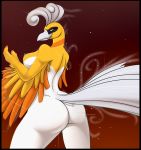  5_fingers anthro anthrofied avian beak ben300 big big_breasts bird breasts butt eyelashes fingers happy ho-oh legendary_pokemon looking_at_viewer looking_back nintendo nipples plain_background pok&atilde;&copy;mon pokemon presenting presenting_hindquarters raised_arm red_background red_eyes sideboob smile standing video_games white_eyes wings yellow_eyes 