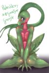  2013 anthro blue_eyes blush breasts cheezayballs english_text female grovyle hair long_hair looking_at_viewer nintendo nude open_mouth plain_background pokemon pokã©mon reptile scalie solo text video_games 