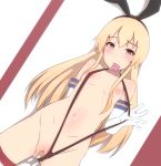  1girl bad_id bandaid bandaid_on_pussy blonde_hair blush breasts clitoris_slip condom condom_in_mouth elbow_gloves female gloves kantai_collection long_hair looking_at_viewer mouth_hold navel nipples pulling pussy pussy_peek shimakaze_(kantai_collection) shuuichi sling_bikini small_breasts solo swimsuit thighhighs uncensored 