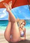 1girl absurd_res ass bare_legs barefoot beach big_breasts blonde_hair blue_eyes breasts feet feet_up female_focus female_only flowerxl high_res huge_ass legs_up long_hair mercy_(overwatch) ocean one-piece_swimsuit overwatch parasol sitting soles solo_female solo_focus swimsuit thick_thighs thighs toes umbrella wide_hips