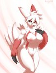 anthro big_breasts breasts claws eyelashes female fur furry hand_on_breasts happy hi_res looking_at_viewer mongoose navel nintendo nipples nude plain_background pok&atilde;&copy;mon pokemon pussy raised_arm red_eyes redwolfxlll shadow sharp_claws shiny smile solo standing video_games white_background wide_hips zangoose 