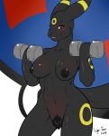 2014 anthro black_fur black_nipples black_nose blacky_(pokemon) breasts creatures_(company) dark_type_pokemon dumbbell eeveelution female fur furry game_freak gen_2_pokemon looking_at_viewer navel nightfaux nintendo nipples pokemon pokemon_(anime) pokemon_(creature) pokemon_(game) pokemon_(species) pokemorph pubic_hair red_eyes smile solo standing sweat tail thighs training umbreon video_games yellow_fur
