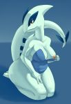  5_toes anthro anthrofied barefoot big big_breasts blue_background breasts brown_eyes clothed clothing female half-dressed happy legendary_pokemon looking_at_viewer lugia nintendo nipples pienji plain_background pokemon pokã©mon shadow shiny sitting smile toes undressing video_games white_eyes 