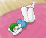  big_breasts chest_jewel creatures_(company) game_freak gardevoir gen_3_pokemon green_hair hair_over_one_eye nintendo nipples_visible_through_clothing on_back on_bed pokemon pokemon_(anime) pokemon_(creature) pokemon_(game) pokemon_(species) pokemorph red_eyes simight 
