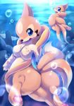  ambiguous_gender black_nose blue_eyes breasts bubble buizel butt female floatzel looking_at_viewer looking_back multiple_tails nintendo nipples pawpads paws pokemon pokã©mon spreading ukanmuriman underwater video_games water 