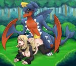  1_boy 1_female 1_girl 1_human 1_male all_fours blonde_hair blush breasts clothed clothing cynthia duo female female_human forest from_behind hair interspecies male/female mega_evolution mega_garchomp nintendo nipples nude outdoors penetration pokemon pokephilia sex shirona_(pokemon) spread_legs spreading stockings tongue video_games xxxx52 yellow_eyes 