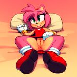 ai_generated amy_rose anus blush bottomless canid cleft_of_venus eulipotyphlan furry furry_female green_eyes grin lying lying_on_back mammal on_back on_bed pussy red_dress sega sega short_dress sonic sonic_the_hedgehog_(series) spread_legs stable_diffusion