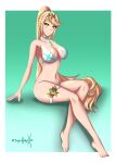  1girl ailf alluring bare_legs big_breasts blonde_hair cleavage core_crystal crossed_legs mythra nintendo pin_up sonicheroxd xenoblade_(series) xenoblade_chronicles_2 yellow_eyes 