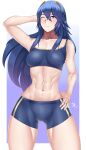  1girl abs absurd_res alluring arcedo arm_behind_head athletic_female bare_shoulders blue_eyes blue_hair blush breasts collarbone female_abs fire_emblem fire_emblem_awakening fit_female hairband hand_on_own_hip high_res long_hair lucina lucina_(fire_emblem) medium_breasts one_eye_closed shorts sleeveless sports_bra stomach thick_thighs thighs toned wide_hips wink 