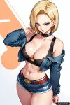 1girl ai_generated android_18 blonde_hair blue_eyes breast choker cleavage denim_shorts dragon_ball female_only jacket short_hair trynectar.ai