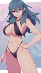  1girl 1girl alluring alternate_costume big_breasts bikini black_bikini black_bow black_swimsuit blue_eyes bow breasts byleth_(female)_(fire_emblem) byleth_(fire_emblem) byleth_(fire_emblem)_(female) closed_mouth fire_emblem fire_emblem:_three_houses hair_between_eyes half-closed_eyes hand_on_hip hand_on_own_hip high_res hip_grab lamb-oic029 light-skinned light-skinned_female light_skin long_hair looking_at_viewer navel nintendo o-ring o-ring_bikini o-ring_bottom smile standing stomach swimsuit teal_hair thighs 