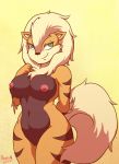 2014 anthro anthrofied arcanine big_breasts breasts canine female fur furry green_eyes happy hi_res looking_at_viewer navel nintendo nipples nude plain_background pok&atilde;&copy;mon pokemon poopysocks9 pussy raised_arm smile solo standing video_games yellow_background 