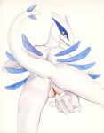  anthro anthrofied anus butt female looking_at_viewer looking_back lugia masturbation nintendo plain_background pokemon pokã©mon presenting presenting_hindquarters pussy solarscape solo traditional_media video_games watercolor white_background yellow_eyes 