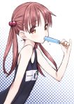  1girl bad_id eating flat_chest hair_bobbles hair_ornament isshiki_momo long_hair looking_at_viewer matsuryuu one-piece_swimsuit pokemon popsicle red_eyes red_hair rough school_swimsuit sketch solo swimsuit twintails vividred_operation 