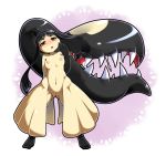  1girl 4_fingers 5_toes anthro barefoot blush breasts censored extra_mouth eyelashes feet female furry happy long_hair mawile navel nintendo nipples no_humans nude open_mouth plain_background pokemon pokemon_(game) pokã©mon pussy raised_arm red_eyes saliva shadow sharp_teeth shimanto_youta shiny simple_background smile solo squint standing teeth toes tongue video_games white_background 
