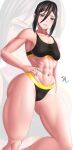 1girl alluring arcedo athletic_female blush brown_eyes brown_hair covered_nipples female_abs fit_female hand_on_hip looking_at_viewer medium_breasts morag_ladair nintendo smile sports_bra sportswear thunder_thighs xenoblade_(series) xenoblade_chronicles_2