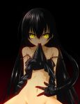  1girl bare_shoulders black_hair bottomless chemise dark_skin fumihiro highres long_hair master_nemesis mouth_hold navel out-of-frame_censoring pokemon prehensile_hair solo spread_navel strap_slip to_love-ru to_love-ru_darkness very_long_hair yellow_eyes 