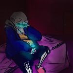 1:1 1:1_aspect_ratio 1boy 2010s 2016 2d 2d_(artwork) animated_skeleton bedroom blue_blush blue_hoodie blue_jacket blue_penis blush clothed clothing covering_mouth covering_own_mouth dark dark_room digital_media_(artwork) ectopenis fully_clothed glowing glowing_genitalia glowing_penis hand_on_mouth hooded_jacket hoodie indoors jacket male male_focus male_masturbation male_only masturbation monster one_eye_closed penile_masturbation penis pink_slippers sans sans_(undertale) sitting skeleton slippers small_penis solo_male spontaneouslynsfw sweat tumblr undead undertale undertale_(series) video_game_character video_games
