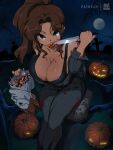 1980s_(style) 1girl big_breasts bishoujo_terror black_tank_top blood blood_on_breasts blood_on_knife blood_on_weapon bluethebone breasts brown_hair candy cleavage facemask female_focus female_michael_myers female_only food full_moon genderswap genderswap_(mtf) grey_eyes grey_jumpsuit halloween halloween_(series) holding holding_knife holding_object holding_weapon jack-o&#039;-lantern jumpsuit knife light-skinned_female light_skin looking_at_viewer michael_myers michael_myers_(bishoujo_terror) moon night only_female outside ponytail pumpkin retro_artstyle sidelocks solo_female solo_focus straight_hair tank_top thighs tombstone weapon