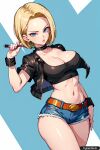 1girl ai_generated android_18 blonde_hair blue_eyes breast choker cleavage denim_shorts dragon_ball female_only jacket short_hair trynectar.ai