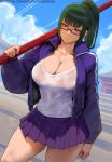 1girl ai_assisted ai_generated artist_name big_breasts big_thighs blunt_bangs brown_eyes brown_hair cleavage clothed clothing color east_asian_architecture erotic_nansensu eyewear from_below glasses green_hair holding_spear holding_weapon jacket jujutsu_kaisen looking_at_viewer miniskirt open_jacket outside patreon_username pleated_skirt polearm ponytail skirt spear sweat tank_top thick_thighs track_jacket under-rim_eyewear weapon weapon_over_shoulder white_shirt zenin_maki